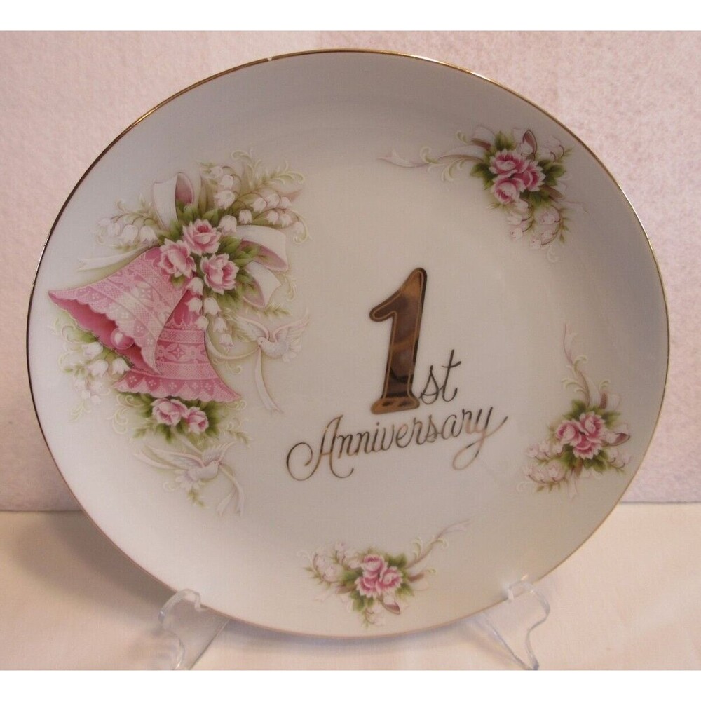 1st Anniversary Decorative Plate Pink Bells and Floral Pattern